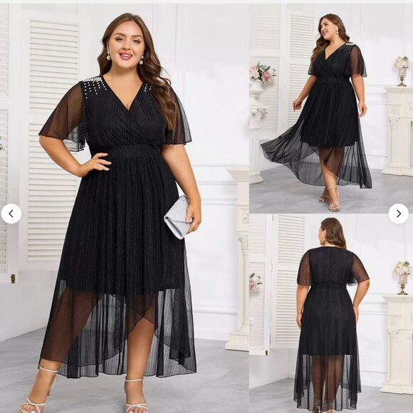 Elegant Plus Size Black Glitter Maxi Dress with Pearl Shoulder Detail – Size 5XL - Picture 1 of 10